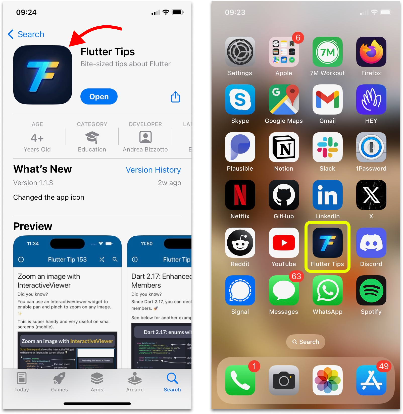 iOS app store page and home screen showing the icon for my Flutter Tips app