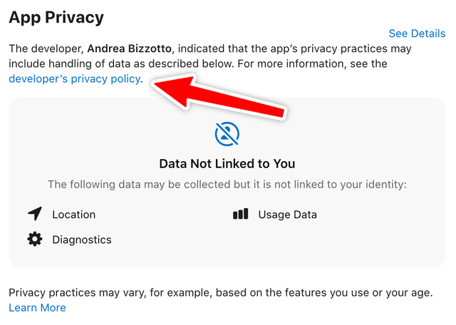 App Store section showing the link to the developer privacy policy