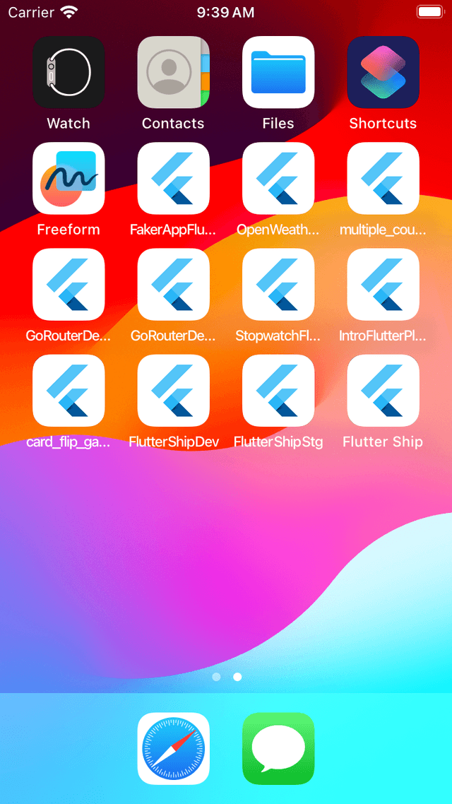 iOS home screen showing a bunch of new Flutter apps with the standard icon