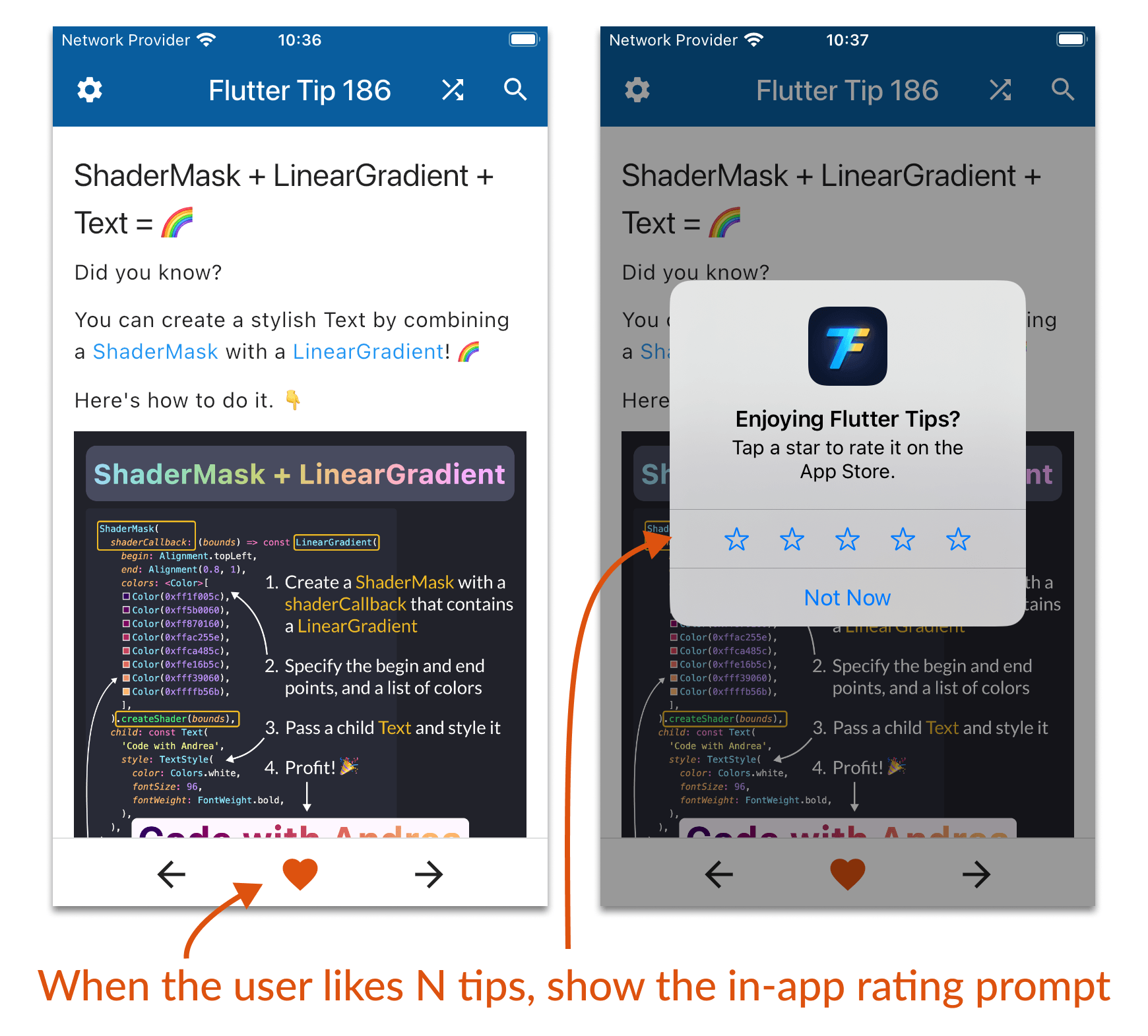 When the user likes N tips, show the in-app rating prompt