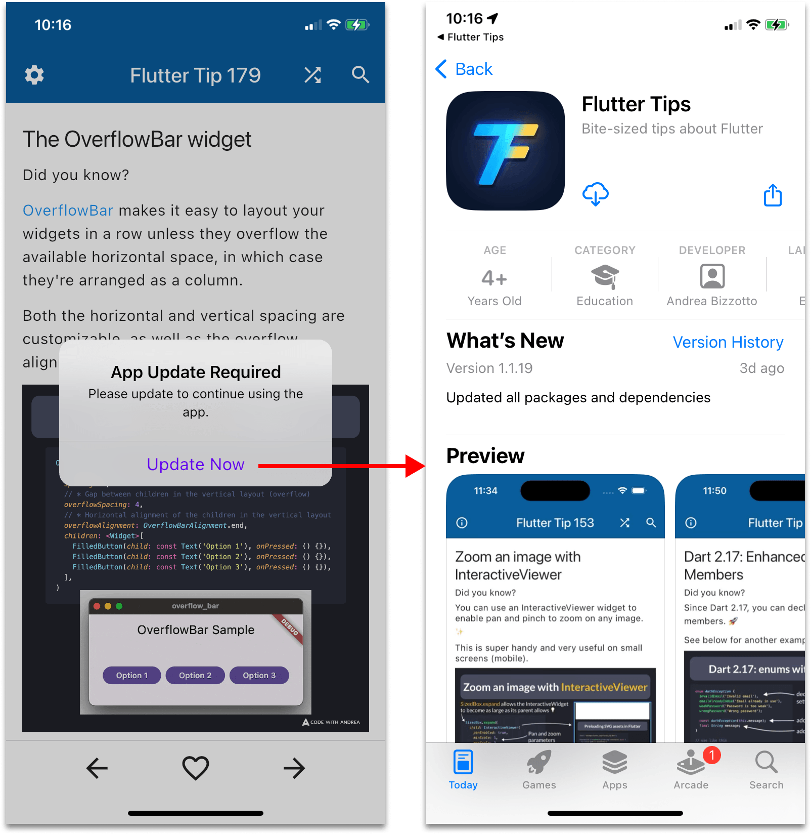 Update alert on the Flutter Tips app